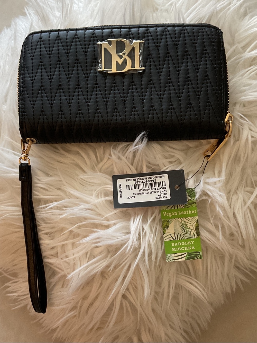 Badgley Mischka Black Quilted Wristlet with Gold Hardware